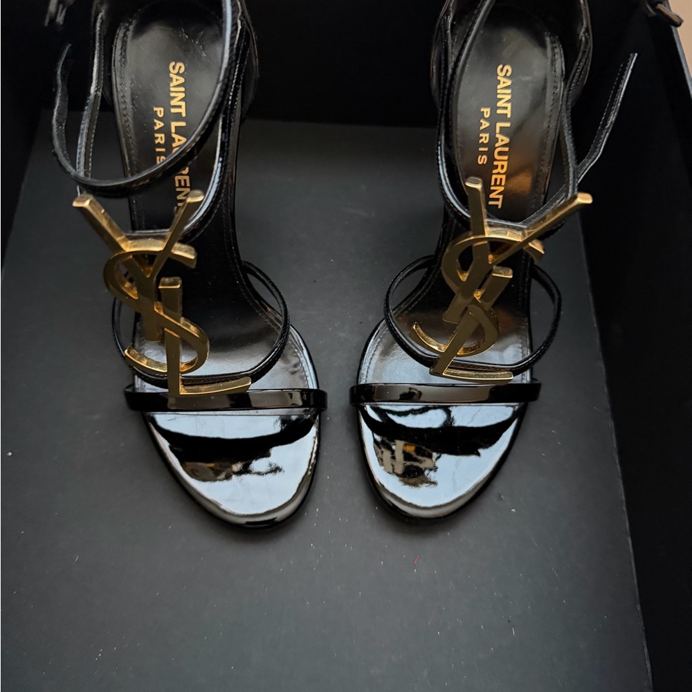 Saint Laurent Glossy Black Heels with Gold Accent - Picture 3 of 3